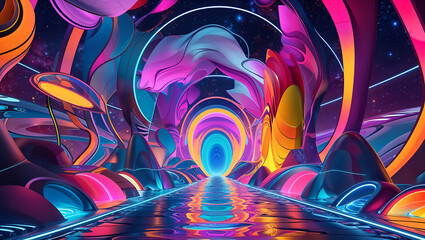 Obraz premium Surreal Cyberpunk Corridor Featuring Glowing Reflections and Kaleidoscopic Abstract Shapes
