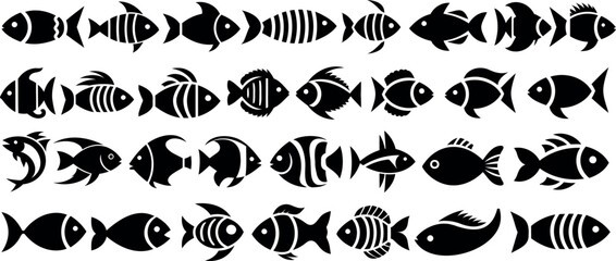 Fish silhouette vector set, black aquatic animals, marine wildlife, decorative fish icons, graphic sea life illustration, abstract fish pattern, stylized fish collection, ocean creatures design