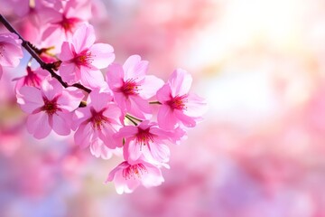 Obraz premium Cherry Blossom Branch in Full Bloom A close-up of delicate pink cherry blossoms on a tree branch, bathed in soft sunlight, symbolizing the beauty of spring.