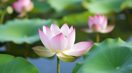 Obraz premium Elegant Blooming Lotus Flower on Still Water Surrounded by Green Lily Pads