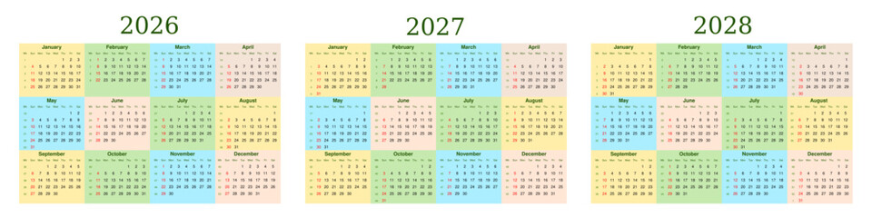 2026, 2027, 2028 calendar with week number. Text and font editable and replaceable. Vector template for business, schedule, organizer, and planner.
