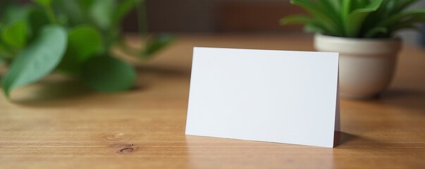 Minimalist blank business card on wooden desk with plant, corporate, office