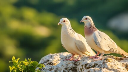 Peaceful Doves on a Rocky Outcrop Surrounded by Lush Green Landscape