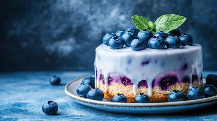 Delicious Blueberry Cake with Fresh Berries and Mint Garnish