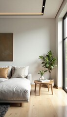 Minimalist living area with neutral colors, clean lines, and natural light, decor, neutral