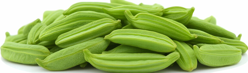 Fototapeta premium Fresh green beans pile, white background, food
