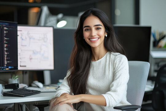 young indian business woman working on computer at office