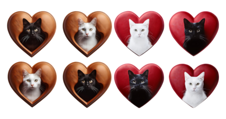 Charming Cats Inside Heart Frames in Various Colors and Styles, Bundle Set Collection, Isolated on Transparent Background