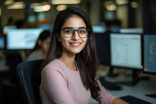 young indian business woman working on computer at office