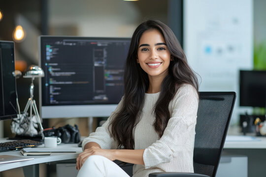 young indian business woman working on computer at office