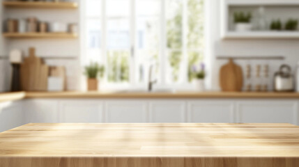 Space for product montage on wooden table top over blurred kitchen counter interior background. AI Generated Images