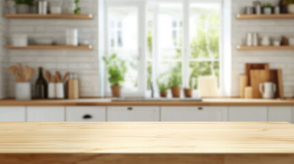 Space for product montage on wooden table top over blurred kitchen counter interior background. AI Generated Images