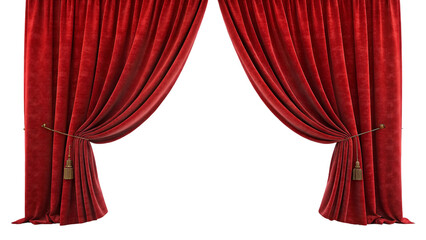 red silk fabric Red velvet open Curtain window isolated transparent background 