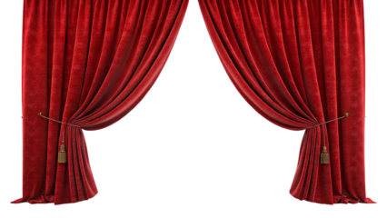 red silk fabric Red velvet open Curtain window isolated transparent background 