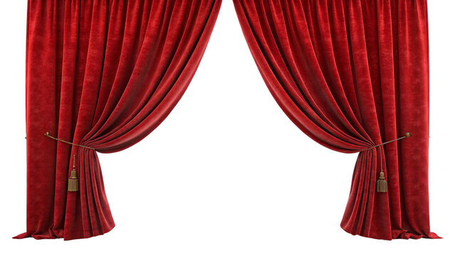 red silk fabric Red velvet open Curtain window isolated transparent background 