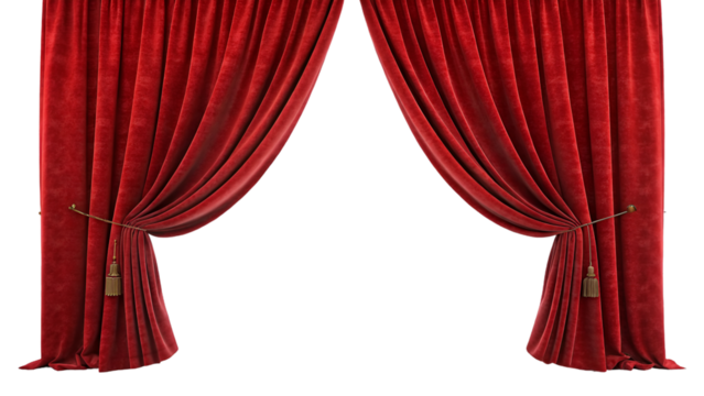 red silk fabric Red velvet open Curtain window isolated transparent background 