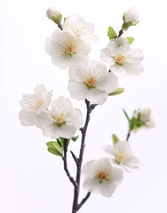 Obraz premium branch of white cherry blossoms in full bloom, with soft petals and vibrant yellow stamens. The background is blurred, emphasizing the elegance and purity of the flowers against a bright backdrop