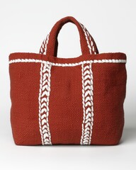 Handcrafted Red Tote Bag with White Braided Accents on a Clean Background