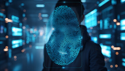 digital Fingerprint network interface with futuristic electric blue lines and data flow background