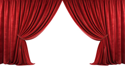 red silk fabric Red velvet open Curtain window isolated transparent background 