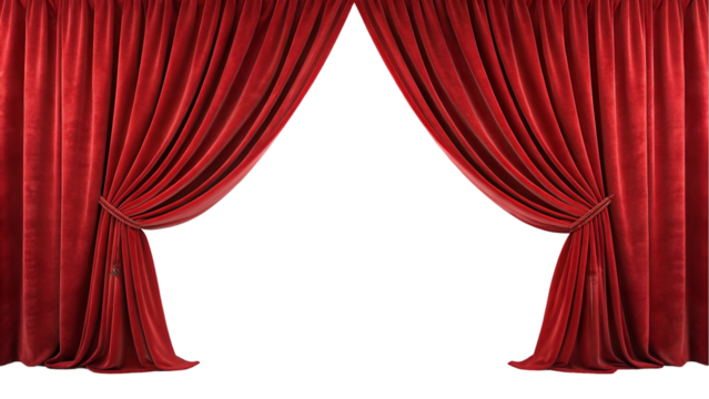 red silk fabric Red velvet open Curtain window isolated transparent background 