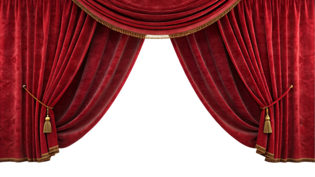 red silk fabric Red velvet open Curtain window isolated transparent background 
