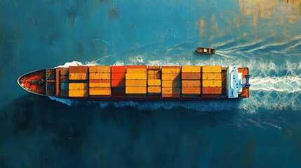 Aerial View of Cargo Ship at Sea, Aerial view of a large cargo ship navigating through the ocean