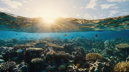 Obraz premium Underwater Coral Reef Scene at Sunset Vibrant Fish and Sunbeams