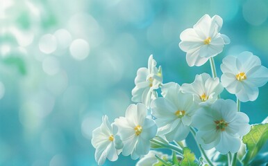 Spring forest white flowers primroses on a beautiful blue background macro blue bokeh tone wallpaper.
