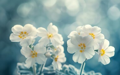 Obraz premium Spring forest white flowers primroses on a beautiful blue background macro blue bokeh tone springtime.