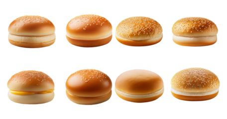 Variety of Burger Buns with Sesame Seeds and Smooth Toppings, Bundle Set Collection, Isolated on Transparent Background
