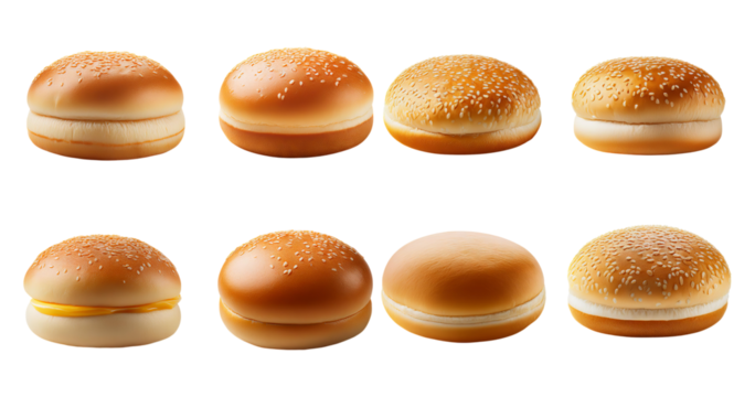 Variety of Burger Buns with Sesame Seeds and Smooth Toppings, Bundle Set Collection, Isolated on Transparent Background