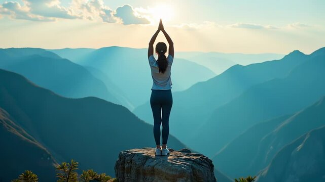 Woman practicing yoga on a mountain with epic view in background