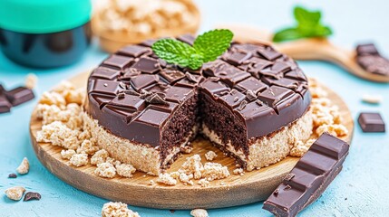 Rich Chocolate Cake with Crumbly Base and Mint Garnish