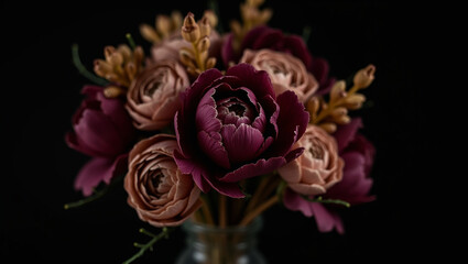 A refined display of dried flowers, featuring preserved peonies, roses, and wildflowers in burgundy, dusty pink, golden brown hues, set against a dark, vintage-inspired background with soft textures
