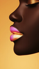 Vibrant lips with gold and pink hues against warm background