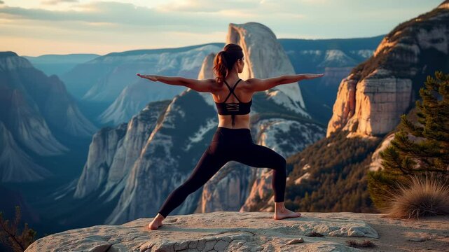 Woman practicing yoga on a mountain with epic view in background
