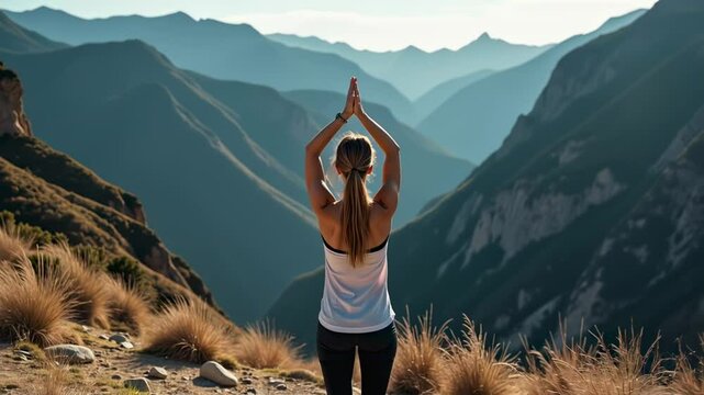 Woman practicing yoga on a mountain with epic view in background