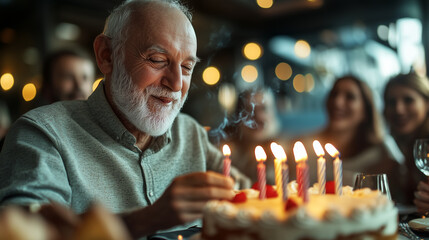 할아버지의 생일에 본인의 초를 키고 행복해 한다. On my grandfather's birthday, I light my own candle and feel happy.