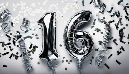 Silver balloon number 16 for sixteenth birthday or anniversary party. White background with confetti