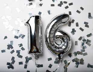 Silver balloon number 16 for sixteenth birthday or anniversary party. White background with confetti