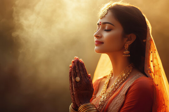 Beautiful indian woman praying and worshipping