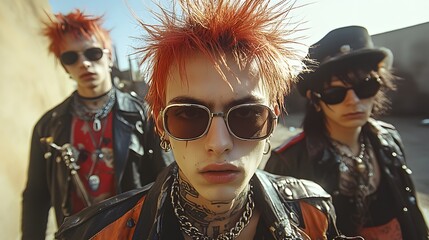 a group of punk rockers with edgy style, featuring vibrant hair, and sunglasses, radiating an aura of rebellious attitude