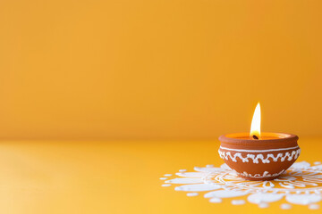 Traditional oil lamp or diya on a solid vibrant yellow background