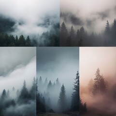 Misty fog shrouds the forest landscape under a cloudy, dramatic sky
