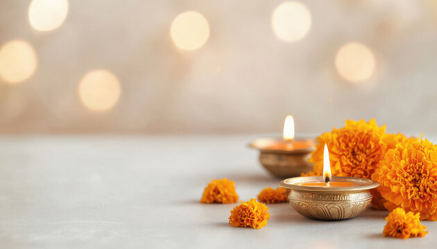 fancy brass diyas decorated on white table with marigold flowers