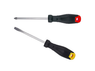 A tool set with screwdrivers and tools such as screws and small tools for construction repairs, featuring an industrial design with orange, red and yellow accents.