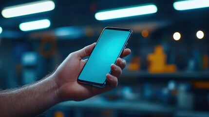 Person holding phone in industrial setting