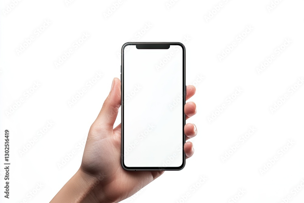 Poster hand hold smartphone with blank white screen isolated on white background with clipping path