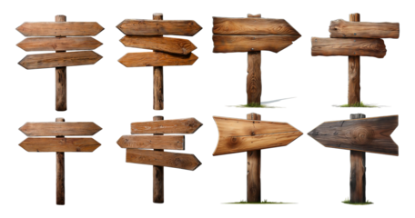 Various Wooden Directional Sign Boards for Outdoor Guidance Use, Bundle Set Collection, Isolated on Transparent Background
